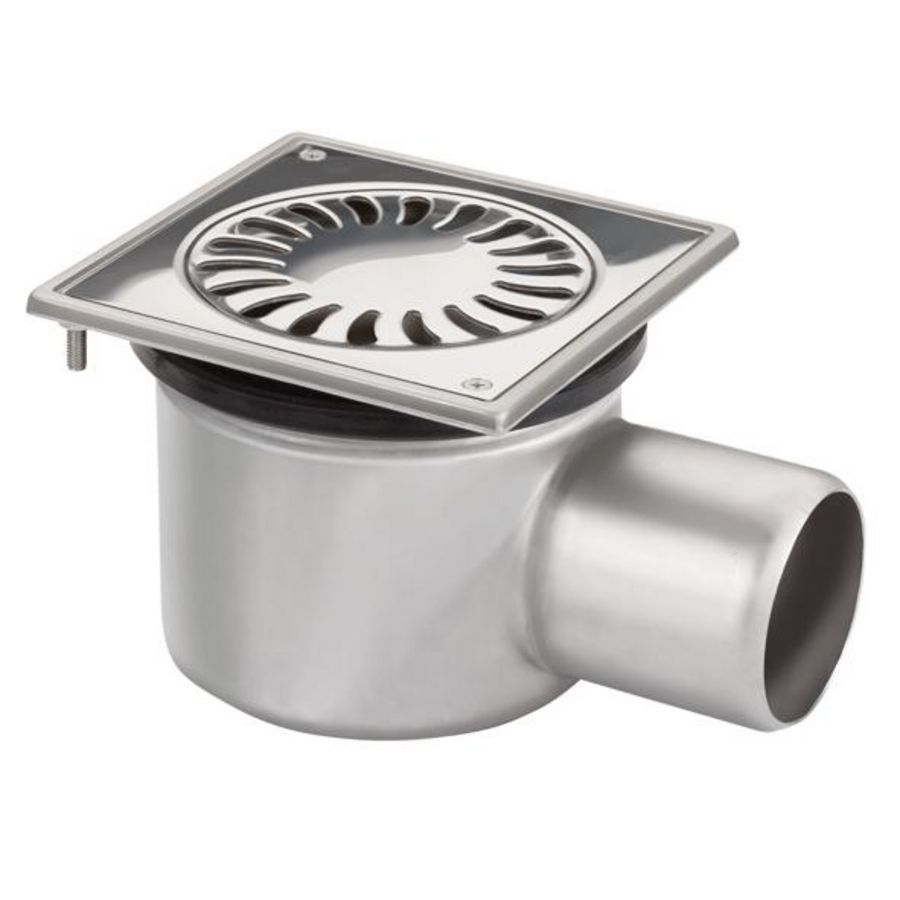 Vloerput 156x156mm RVS304 m.zijuitlaat 75mm verstelbaar