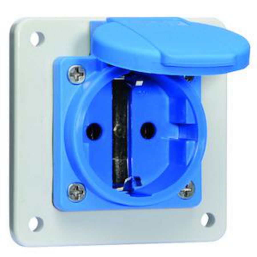 Schuko ICD 16A 2P+Ra 230V IP54 75x75 Bl Ni VVE=20
