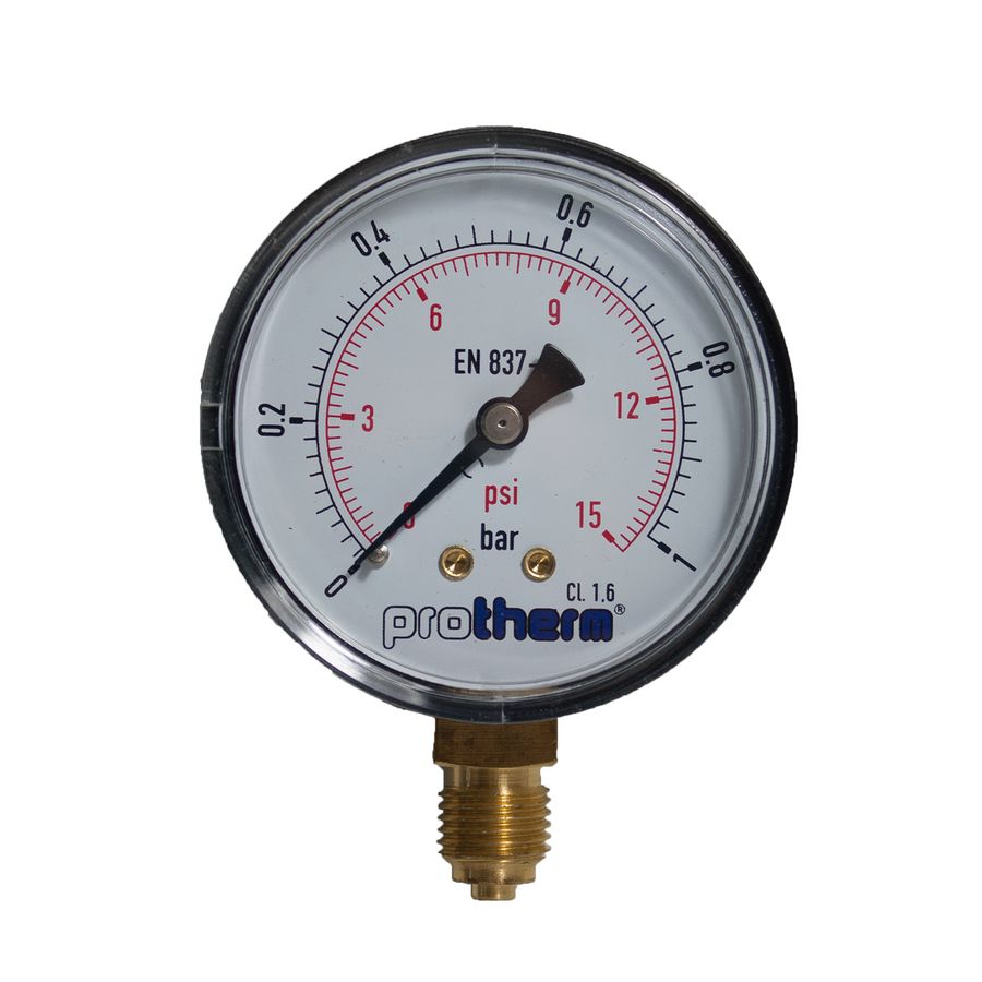 Manometer Ø63mm 0-1bar + 0-15PSI 1/4" onderaansluiting