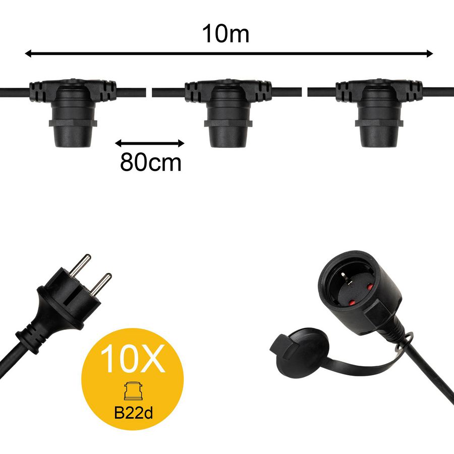 Verlichting B22d L=10m. IP44 zwart