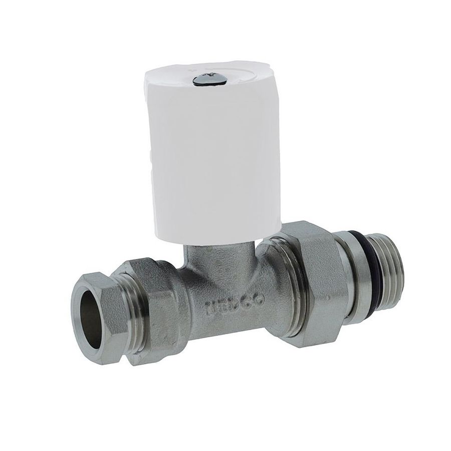 Radiatorkraan 15mm Recht+knelset 1/2"x15mm witte knop
