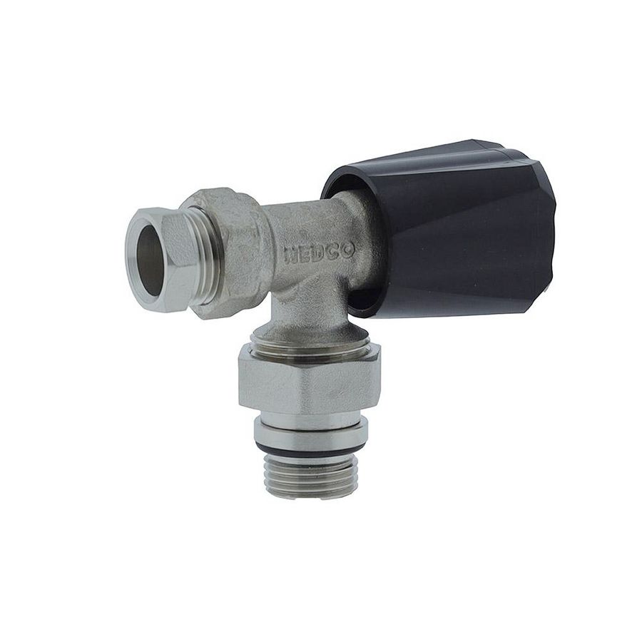 Radiatorkraan 15mm Haaks+knelset 1/2"x15mm zwarte knop