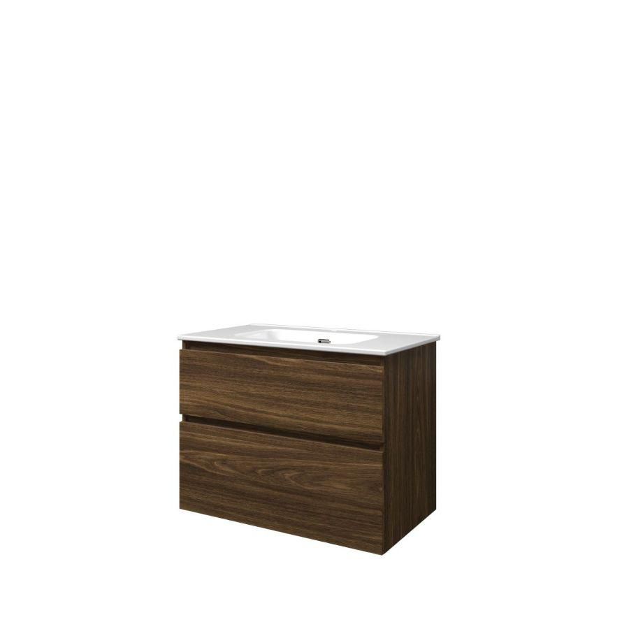 Set Proline porselein Elegant wastafel wit met 1 kraangat onderkast asymmetrisch cabana oak 80x46cm