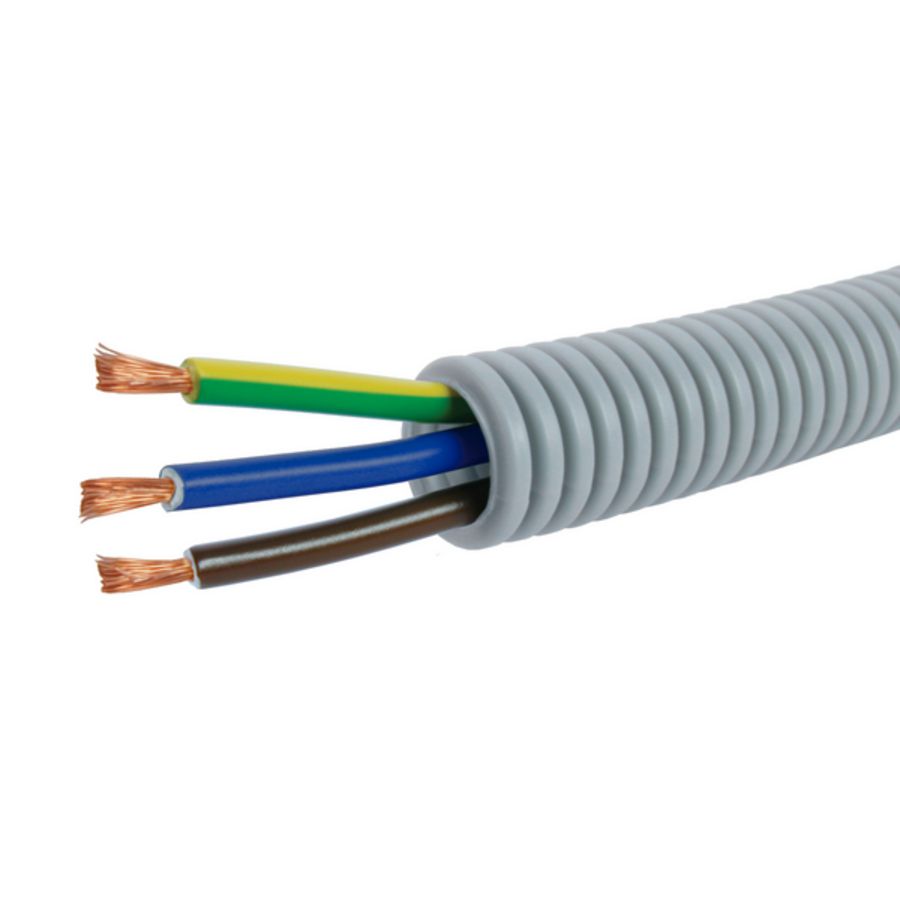 Rol a 100m. voorbedrade flexibele elektrobuis FlexPP grijs 20mm GG/BL/BR 3x6 HO7VK