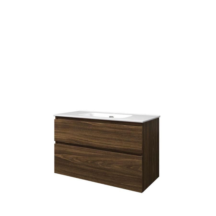 Set Proline porselein Elegant wastafel wit met 1 kraangat onderkast asymmetrisch cabana oak 100x46cm