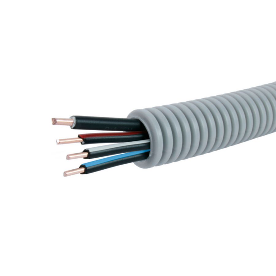 Rol a 100m. voorbedrade flexibele elektrobuis FlexPP grijs 16mm ZW/WZ/RZ/BZ 4x1,5