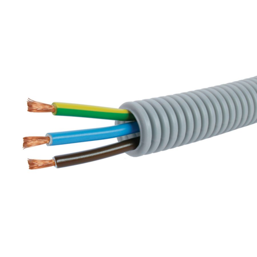 Rol a 100m. voorbedrade flexibele elektrobuis FlexPP grijs 20mm GG/BL/BR 3x4 HO7VK