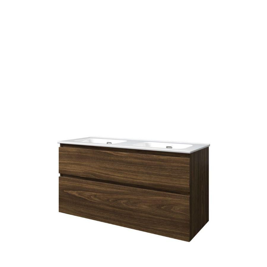 Set Proline porselein Elegant dubb. wastafel wit zonder kraangat onderkast asymmetrisch cabana oak 120x46cm