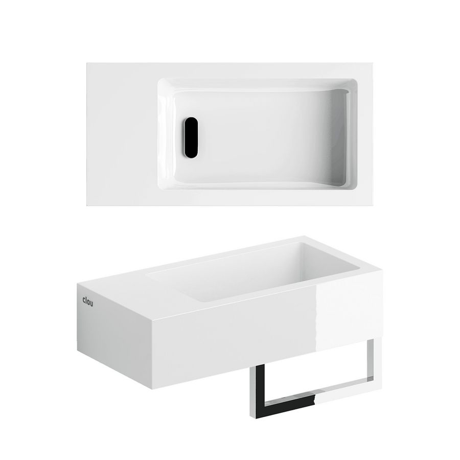 Flush 3 fontein 36cm met voorbewerkt kraangat links glans wit mineral marmer incl. afvoerplug+handdoekhouder.+bevestigingsset