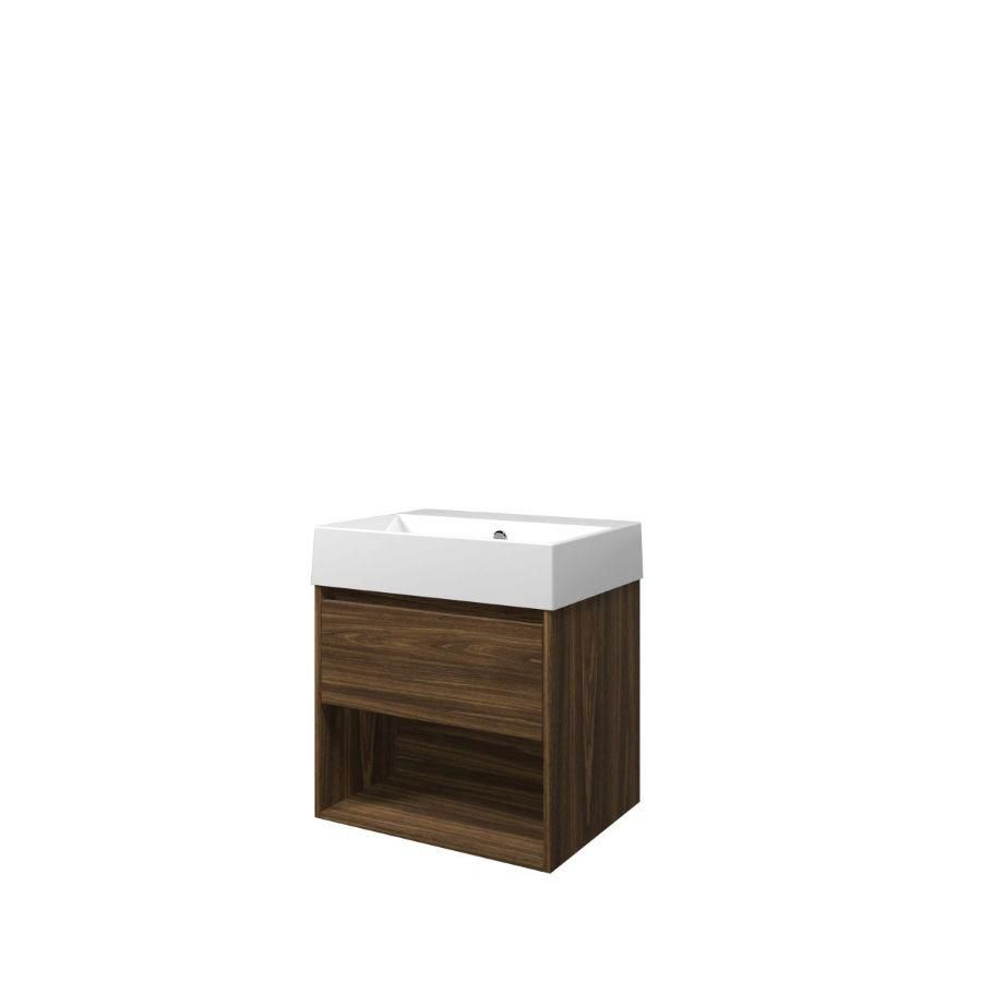 Set Proline porselein Loft wastafel wit zonder kraangat onderkast 1x lade+schap cabana oak 60x46cm