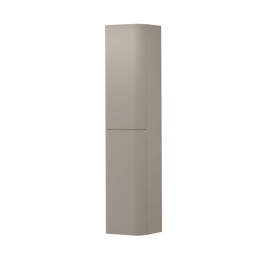 Hoge kast gelakt 2 deurs met afgerond front tbv grepen scharnieren links 35cm mat creme cotton