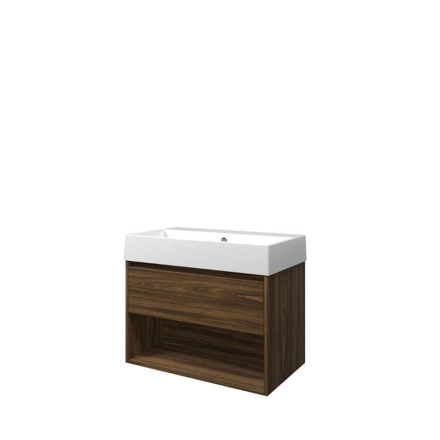 Set Proline porselein Loft wastafel wit zonder kraangat onderkast 1x lade+schap cabana oak 80x46cm