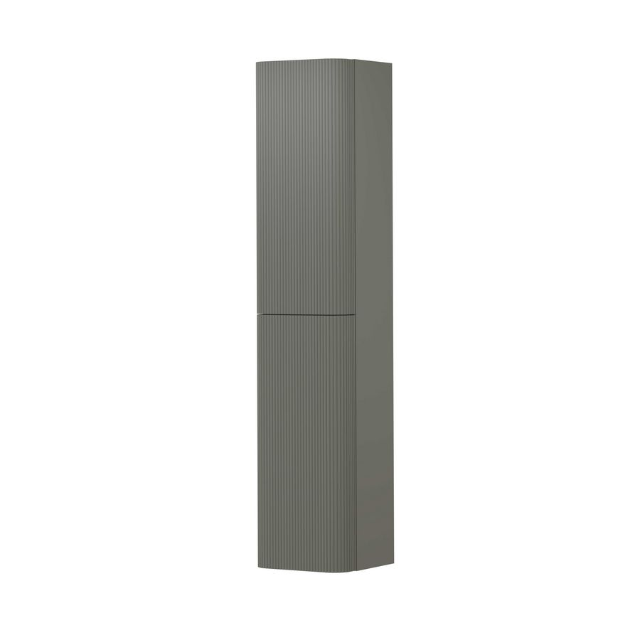 Hoge kast gelakt 2 deurs met afgerond gefreesd front tbv grepen scharnieren links 35cm mat beton groen