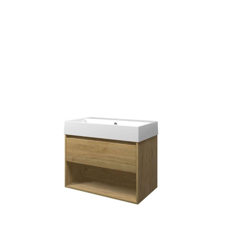 Set Proline porselein Loft wastafel wit met 1 kraangat onderkast 1x lade+schap ideal oak 80x46cm