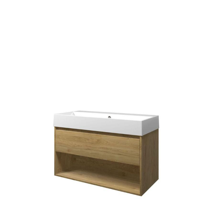 Set Proline porselein Loft wastafel wit zonder kraangat onderkast 1x lade+schap ideal oak 100x46cm