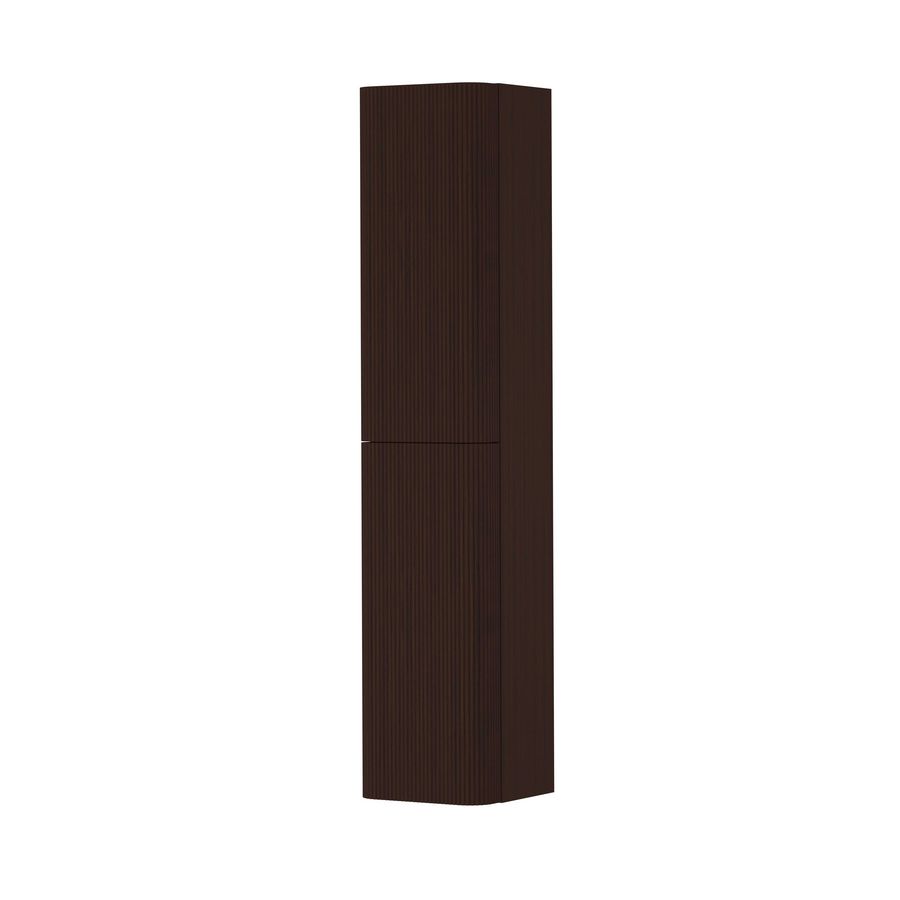 Hoge kast gelakt 2 deurs met afgerond gefreesd front tbv grepen scharnieren links 35cm dark veneer