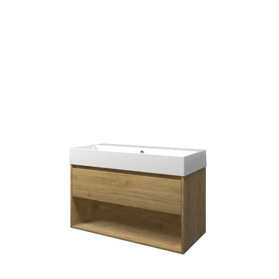 Set Proline porselein Loft wastafel wit met 2 kraangaten onderkast 1x lade+schap ideal oak 100x46cm