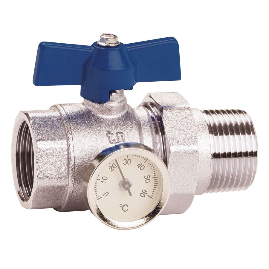 Kogelafsluiter 1" BIN x 1" BUI blauw vlinder+ thermometer