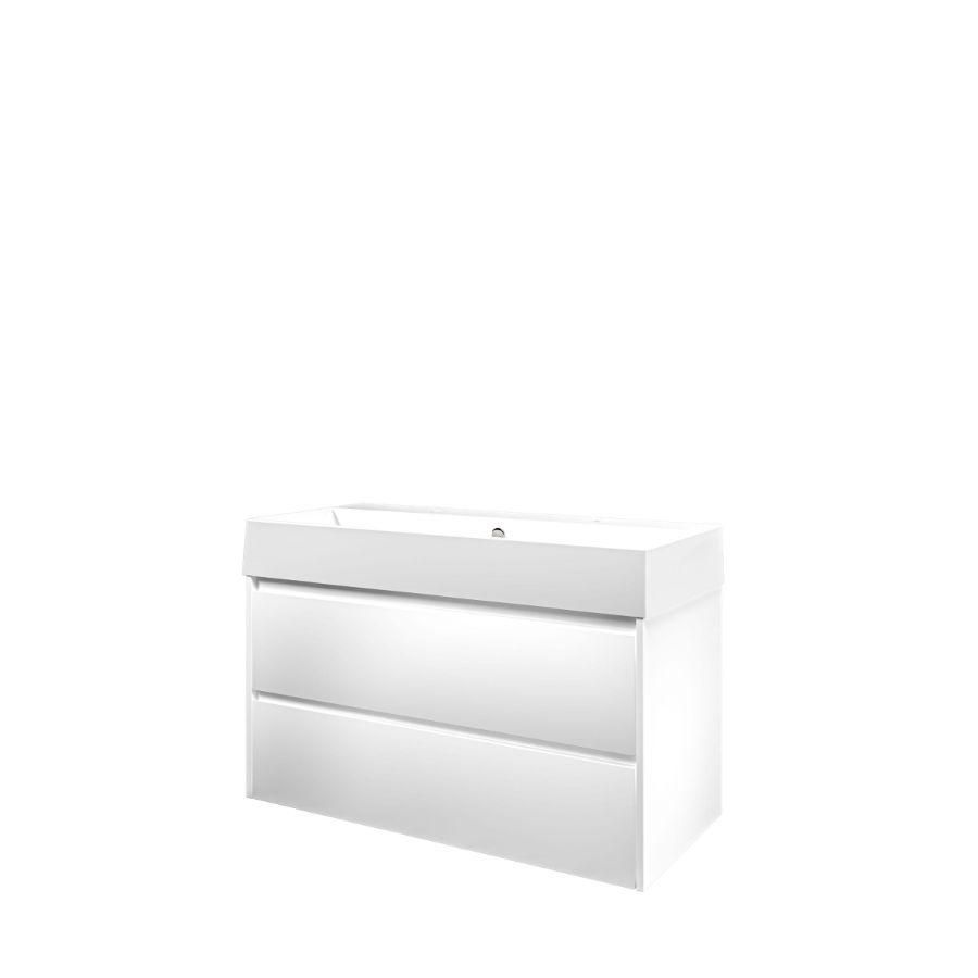 Set Proline porselein Loft wastafel wit met 2 kraangaten onderkast symmetrisch mat wit 100x46cm