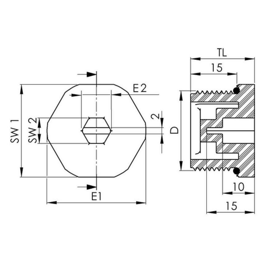 Blindstop kunststof zeskant, M20x1,5 glasvezelverst. met O-ring, grijs (EVSGS-ORD20LG) VVE=100