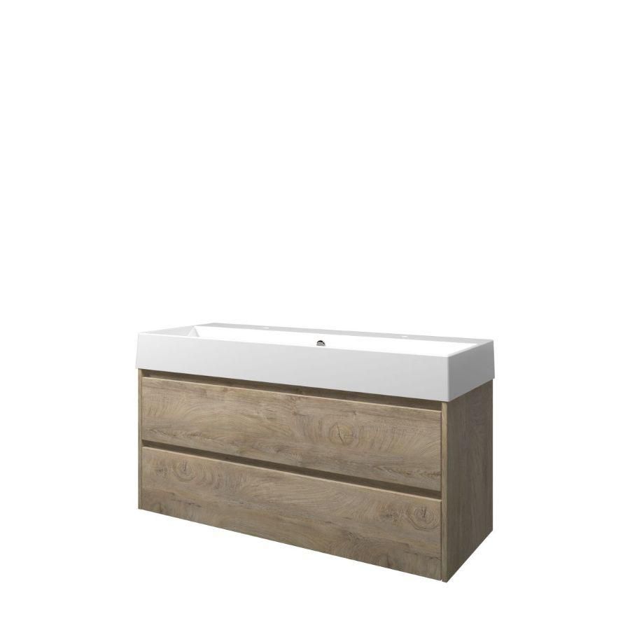 Set Proline porselein Loft enkele wastafel wit met 2 kraangaten onderkast symmetrisch raw oak 120x46cm