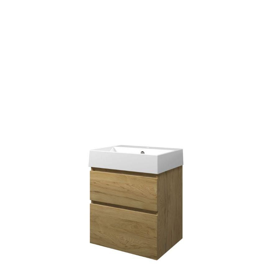 Set Proline porselein Loft wastafel wit zonder kraangat onderkast asymmetrisch Ideal oak 60x46cm