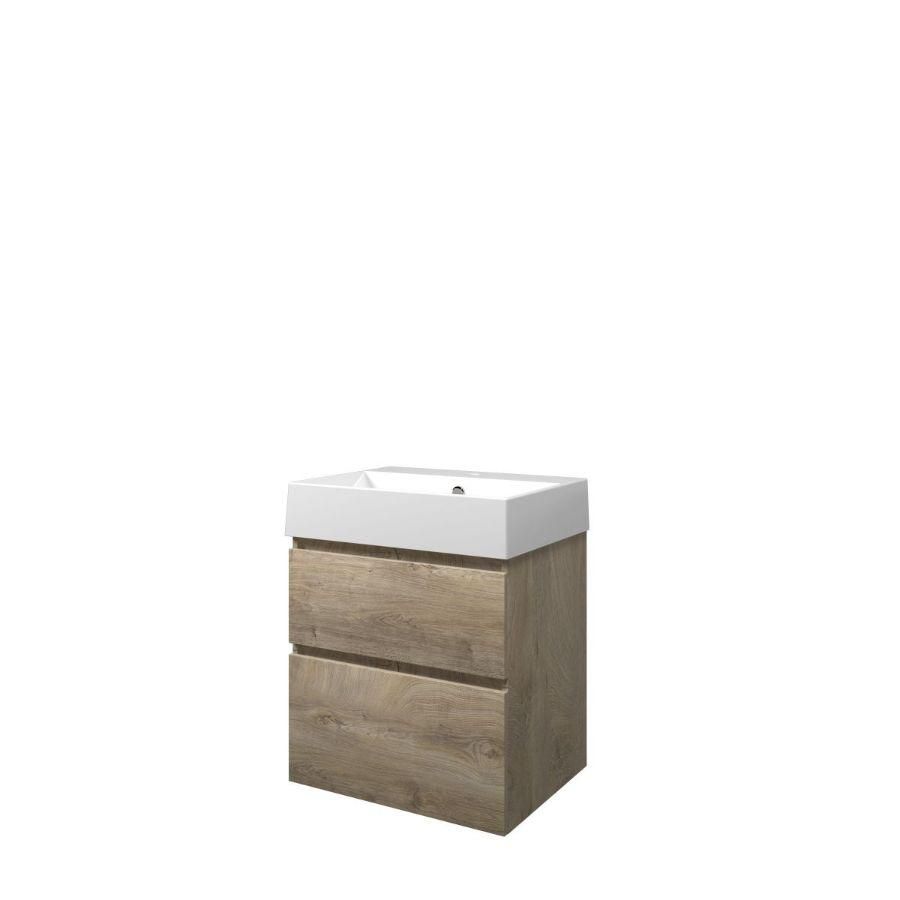 Set Proline porselein Loft wastafel wit met 1 kraangat onderkast asymmetrisch raw oak 60x46cm