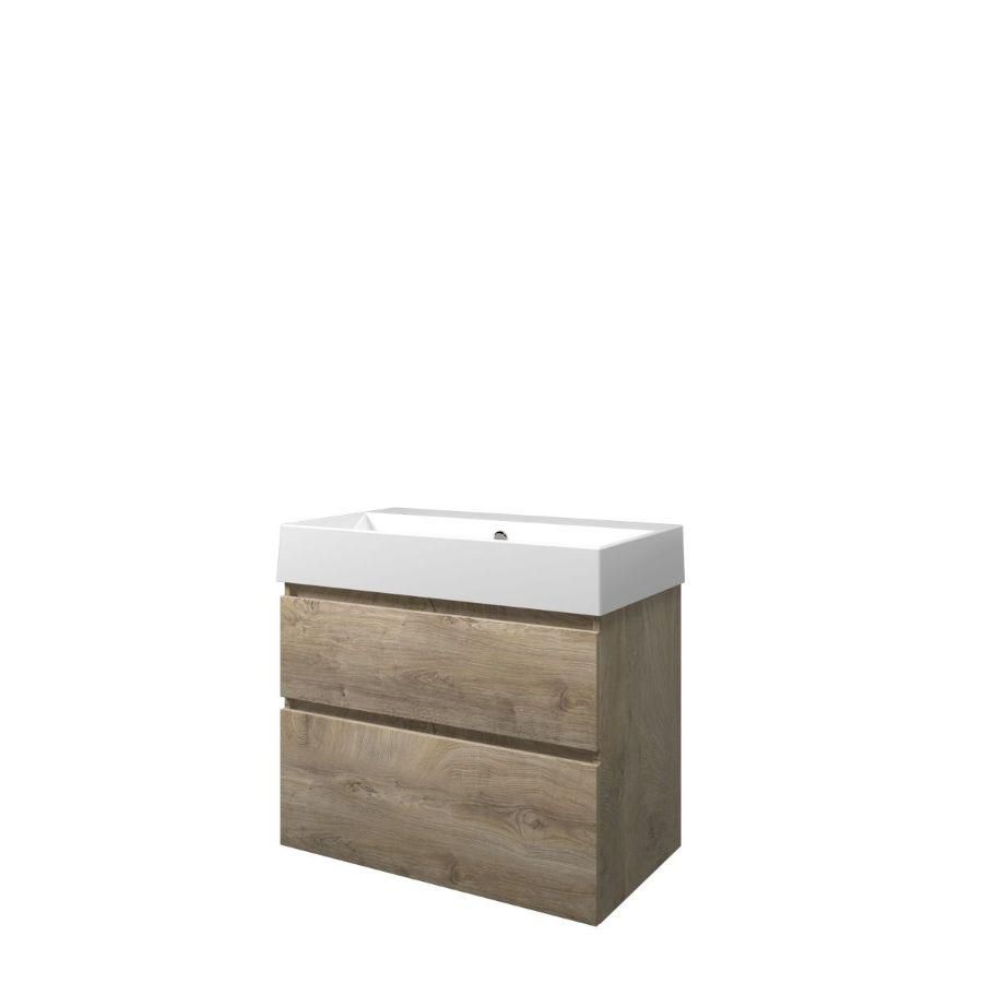 Set Proline porselein Loft wastafel wit zonder kraangat onderkast asymmetrisch raw oak 80x46cm