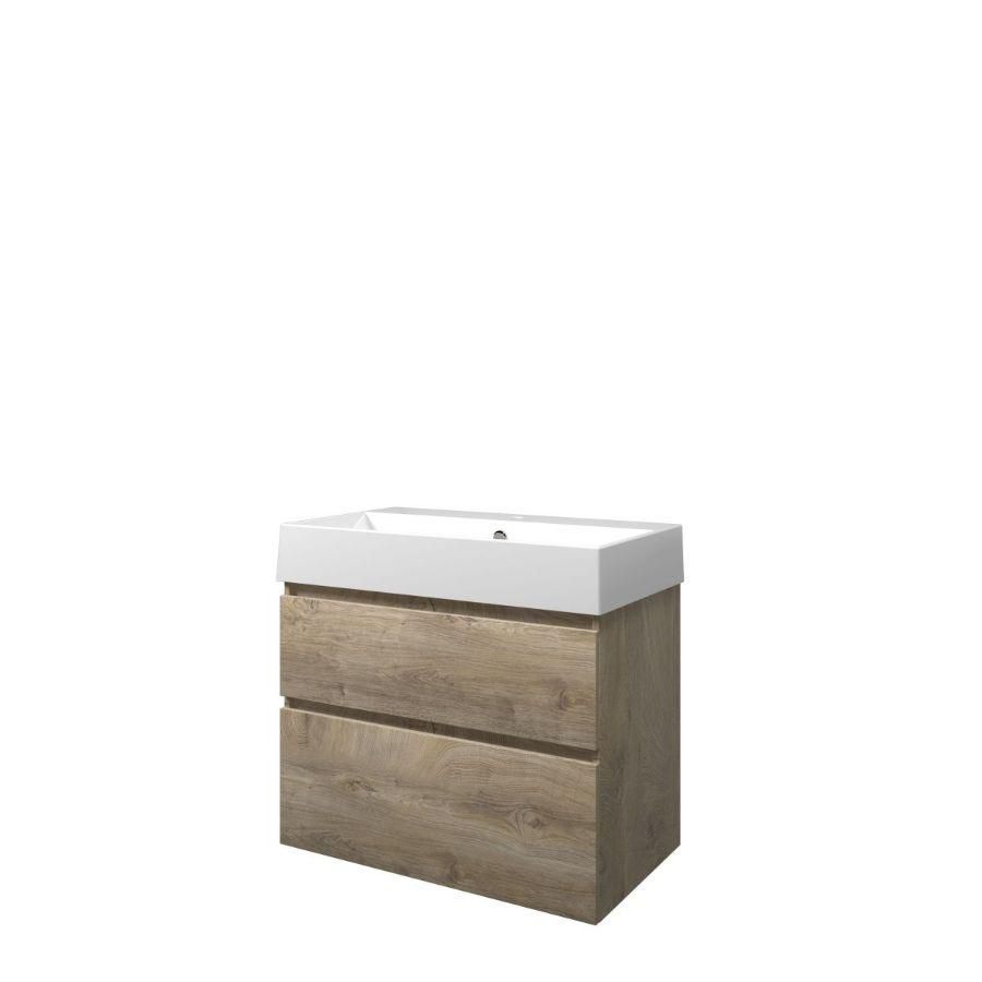 Set Proline porselein Loft wastafel wit met 1 kraangat onderkast asymmetrisch raw oak 80x46cm