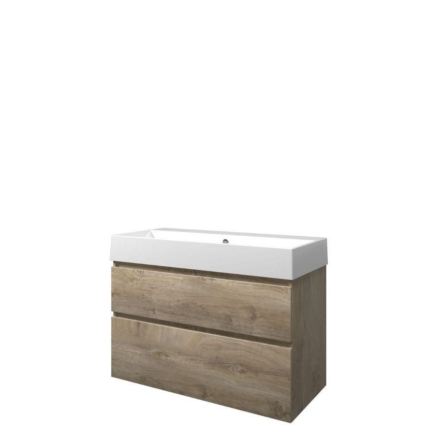 Set Proline porselein Loft wastafel wit zonder kraangat onderkast asymmetrisch raw oak 100x46cm