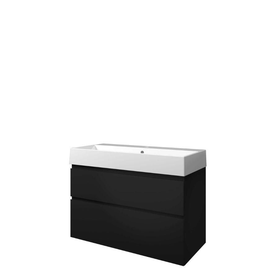 Set Proline porselein Loft wastafel wit met 1 kraangat onderkast asymmetrisch mat zwart 100x46cm