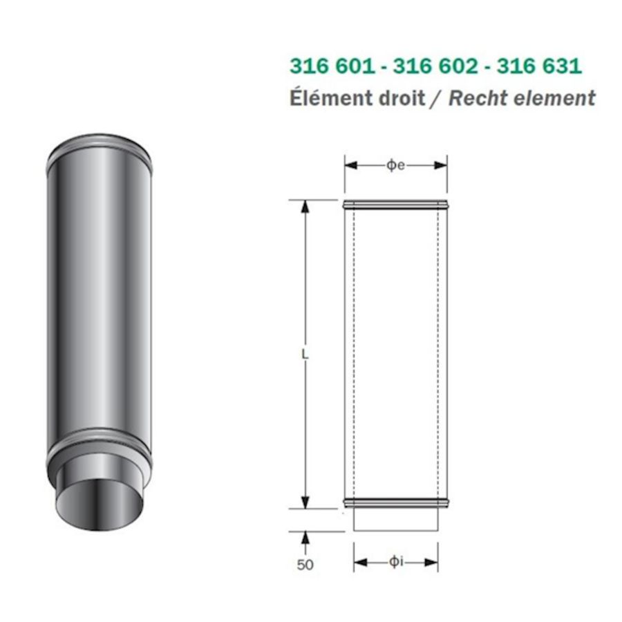 Rookgaspijp dubbelwandig RVS DP25 L=1000 80mm Roccheggiani