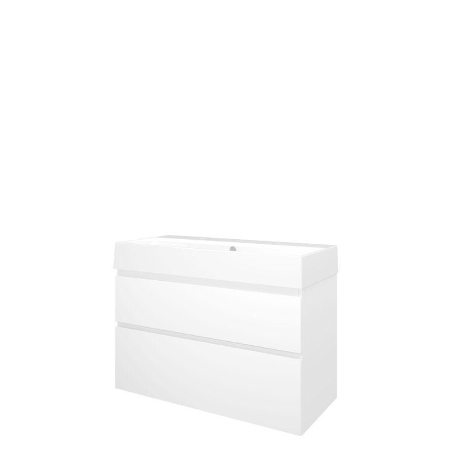 Set Proline porselein Loft wastafel wit met 2 kraangaten onderkast asymmetrisch mat wit 100x46cm