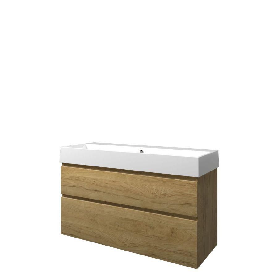 Set Proline porselein Loft enkele wastafel wit zonder kraangat onderkast asymmetrisch ideal oak 120x46cm