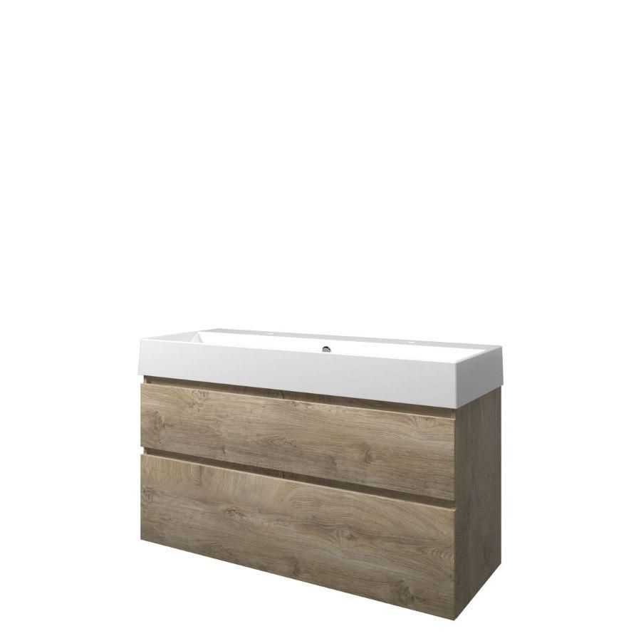 Set Proline porselein Loft enkele wastafel wit met 2 kraangaten onderkast asymmetrisch raw oak 120x46cm
