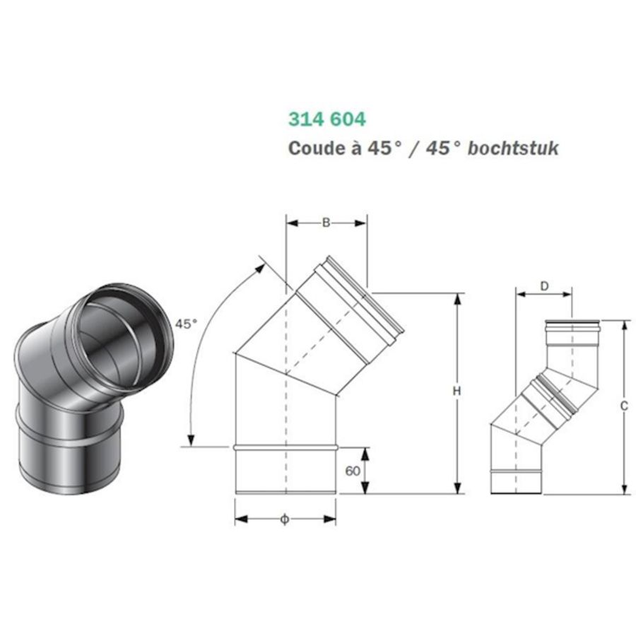 Bocht enkelwandig RVS SPG 45° 100mm Roccheggiani