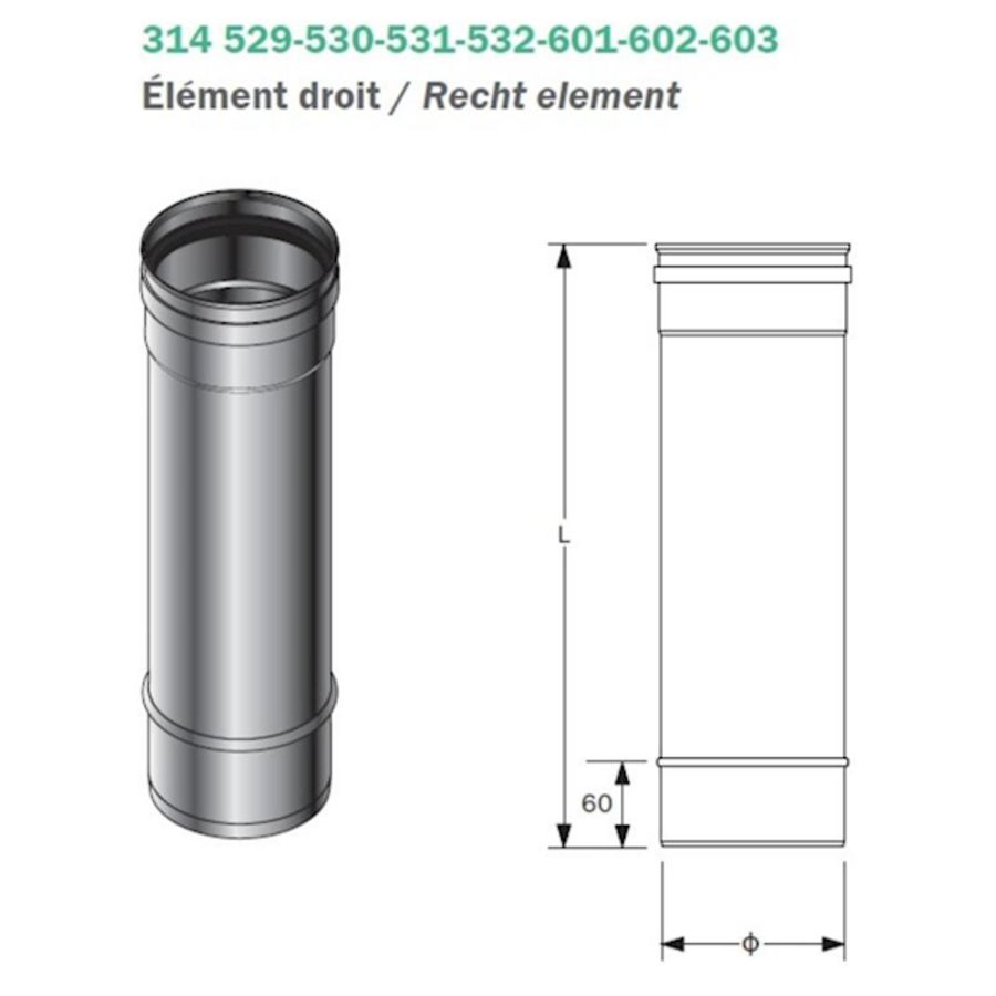 Rookgasbuis recht Elt enkelwandig RVS SPG 100mm L=250mm Roccheggiani