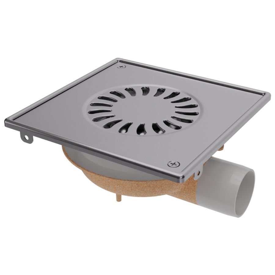 Afvoerput 196x196mm ABS/RVS zijuitlaat 50mm vzb.