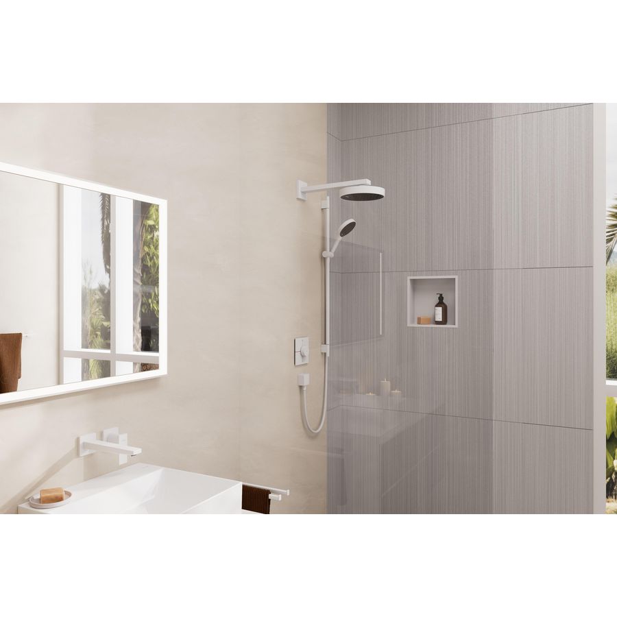 Rainfinity Doucheset 130 3 straalsoorten EcoSmart met glijstang S Puro 90cm push-schuifstuk en Designflex textiel doucheslang mat wit