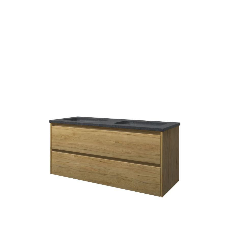 Set Proline hardsteen Elegant dubb. wastafel met 2 kraangaten onderkast symmetrisch ideal oak 120x46cm