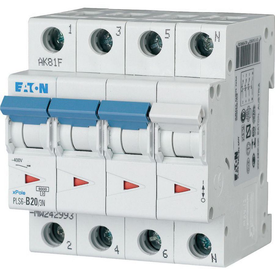 Installatie-automaat (MCB) PLS6, 20A, 3P+N, B-kar., 6ka Eaton