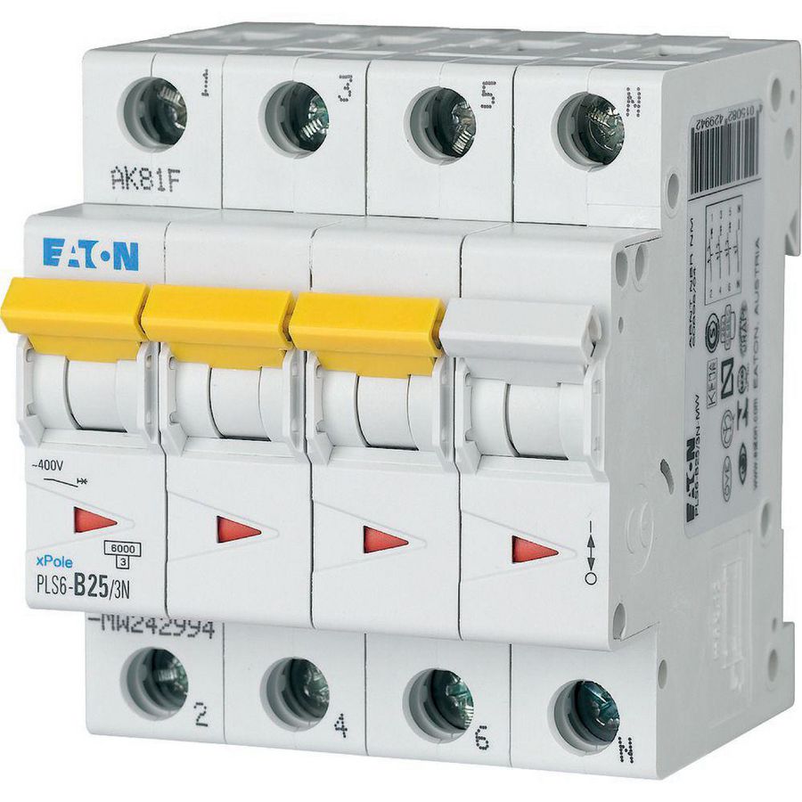 Installatie-automaat (MCB) PLS6, 25A, 3P+N, B-kar., 6ka Eaton