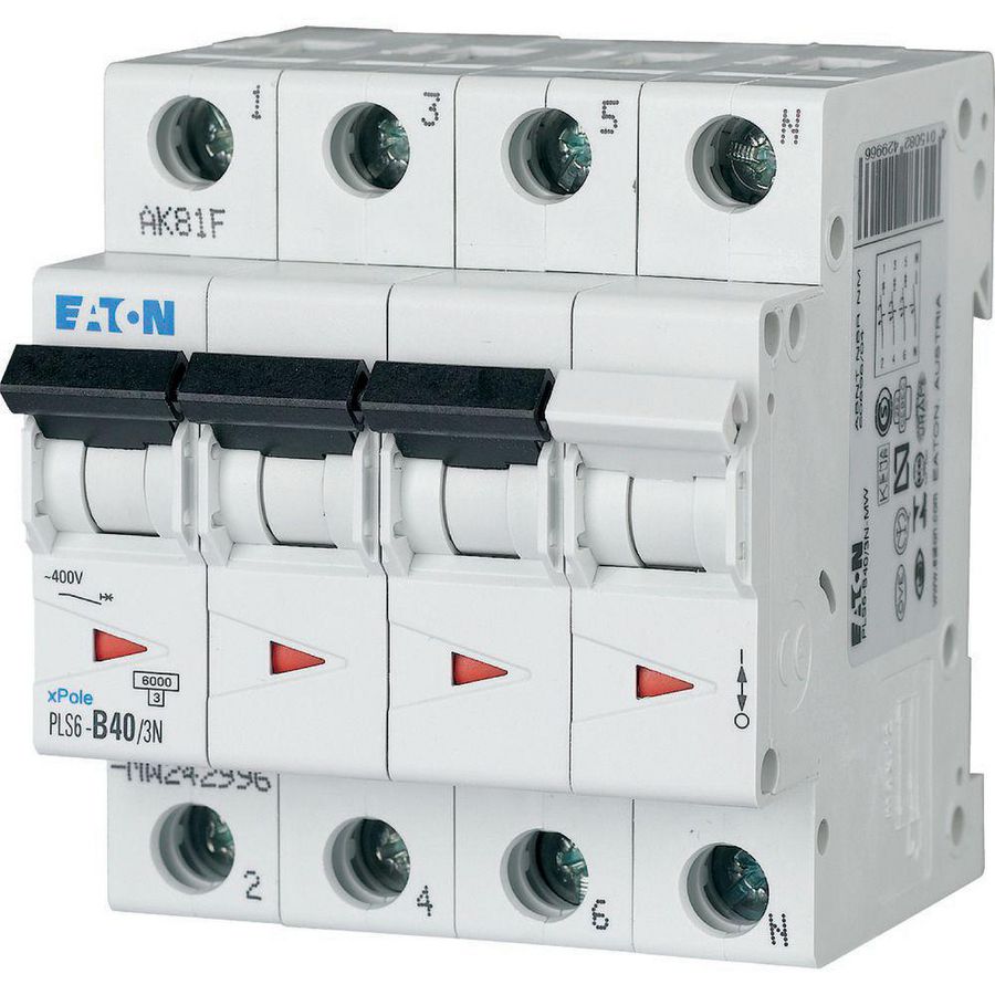 Installatie-automaat (MCB) PLS6, 40A, 3P+N, B-kar., 6ka Eaton