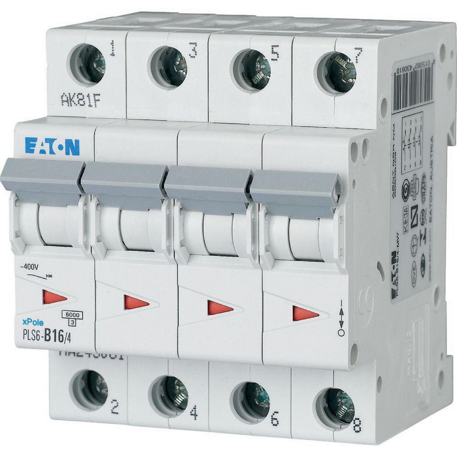 Installatie-automaat (MCB) PLS6, 16A, 4P, B-kar., 6ka Eaton