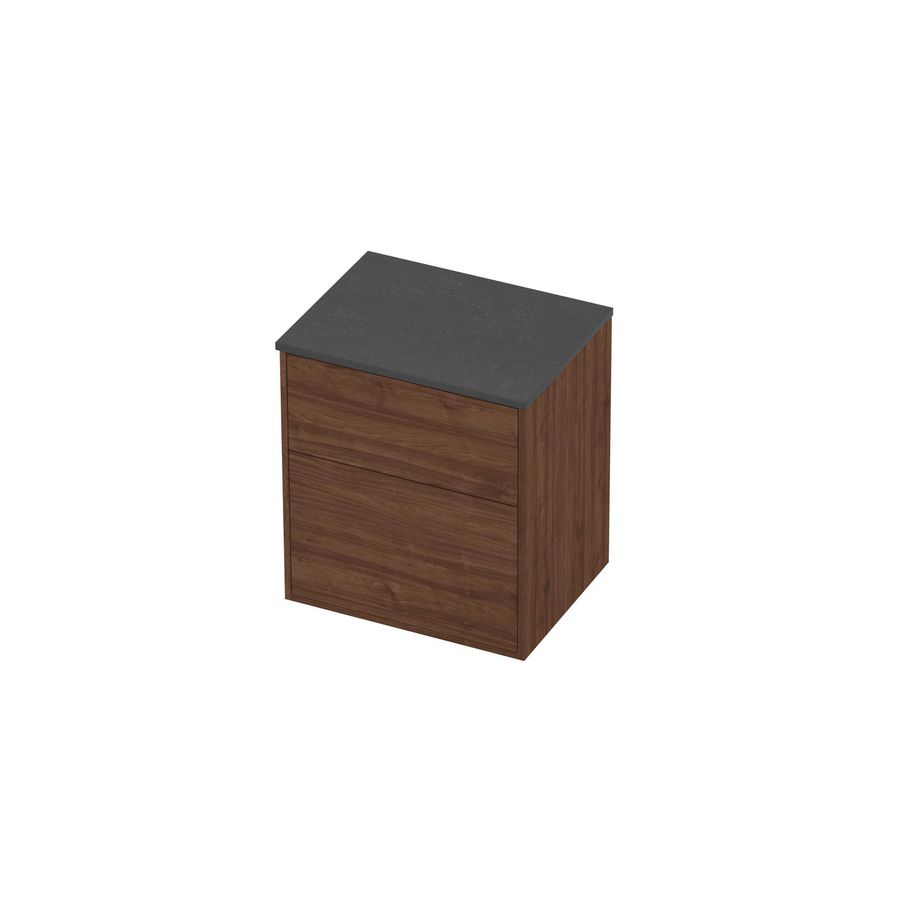 Deck Set Top afdekplaat hardsteen en onderkast tbv grepen 2 laden a-symmetrisch in kader 600x460x670mm Blue stone/Indian walnut