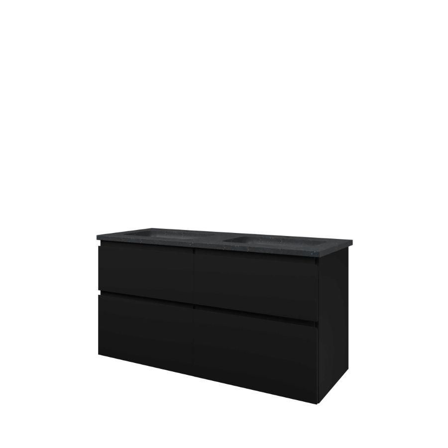 Set Proline hardsteen Elegant dubb. wastafel met 2 kraangaten onderkast 4x la asymmetrisch mat zwart 120x46cm