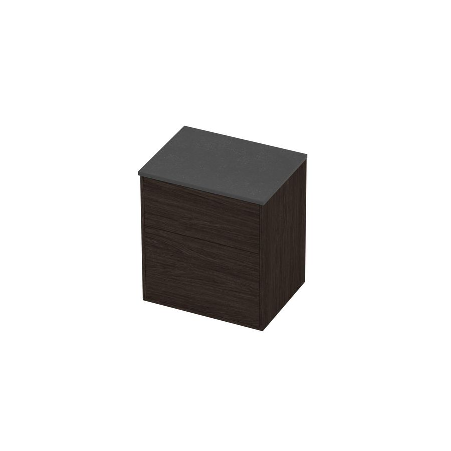 Deck Set Top afdekplaat hardsteen en onderkast tbv grepen 2 laden a-symmetrisch in kader 600x460x670mm Blue stone/Mokka oak