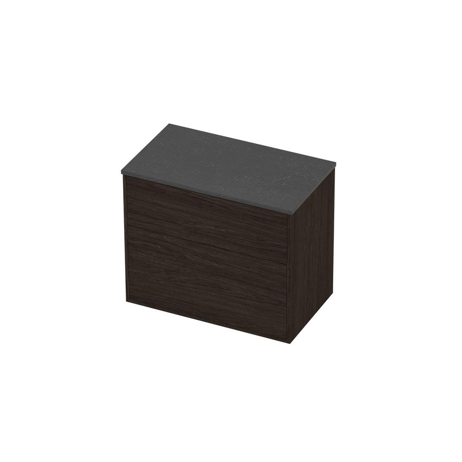 Deck Set Top afdekplaat hardsteen en onderkast tbv grepen 2 laden a-symmetrisch in kader 800x460x670mm Blue stone/Mokka oak