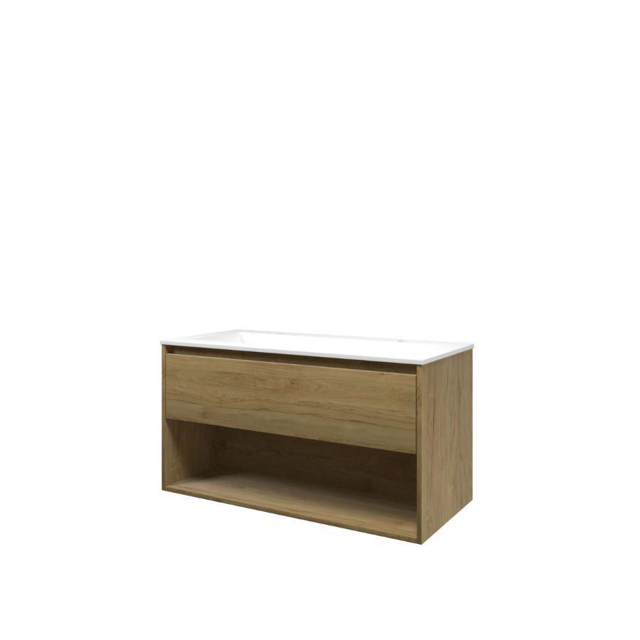 Set Proline polystone Elegant wastafel mat wit met 2 kraangaten onderkast 1x lade+schap ideal oak 100x46cm