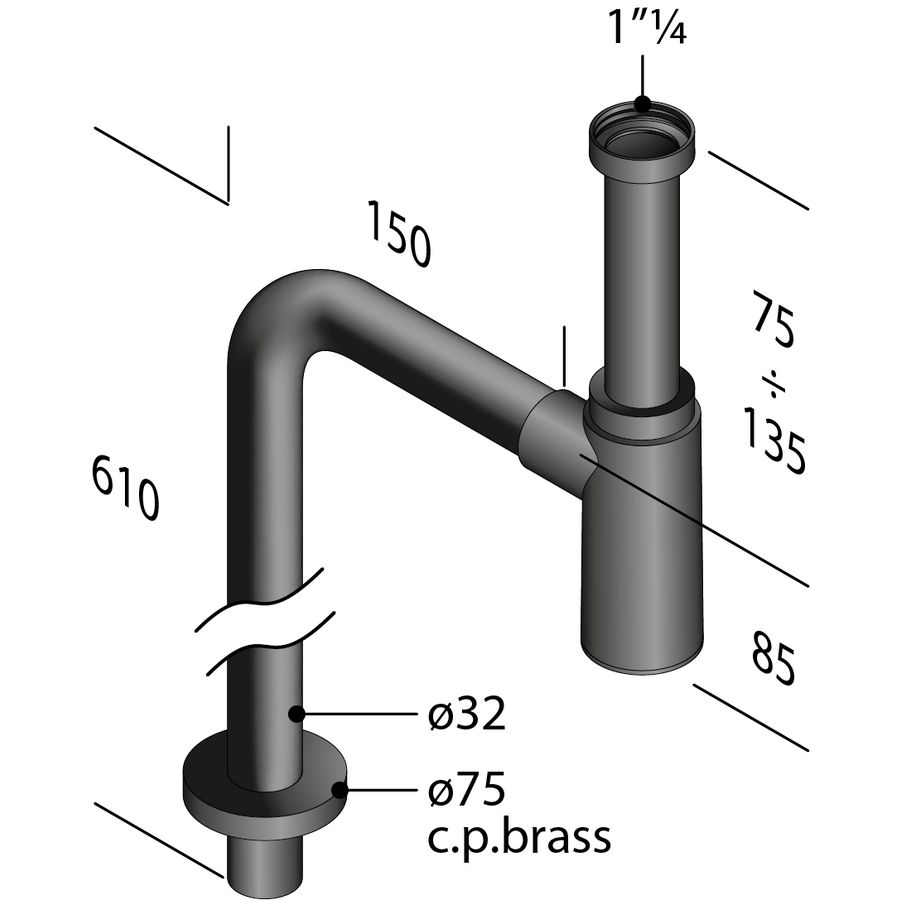 Designsifon MAO MAO matzwart messing 1.1/4" incl. vloerbuis